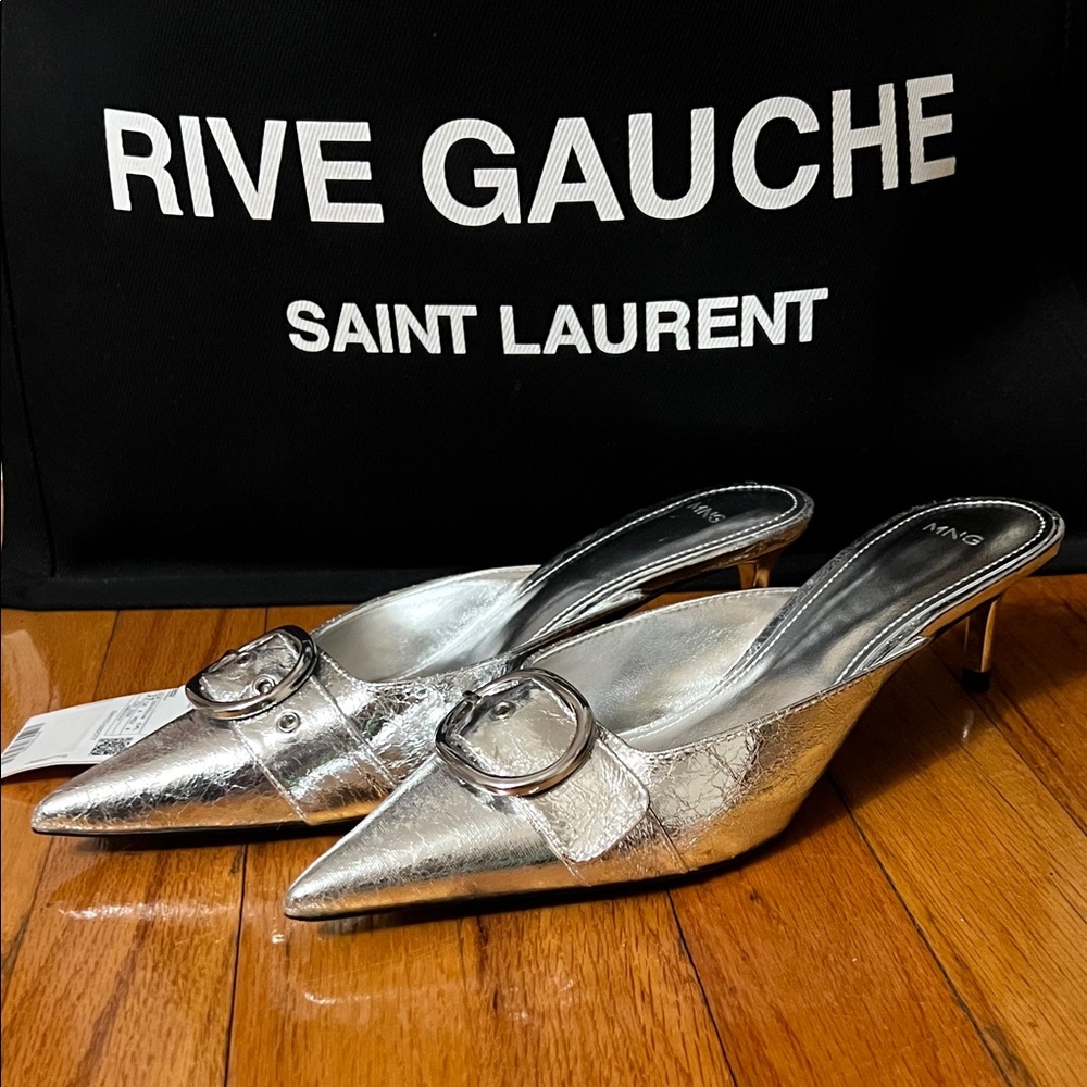 Mango Metallic Silver Kitten Heel Mules